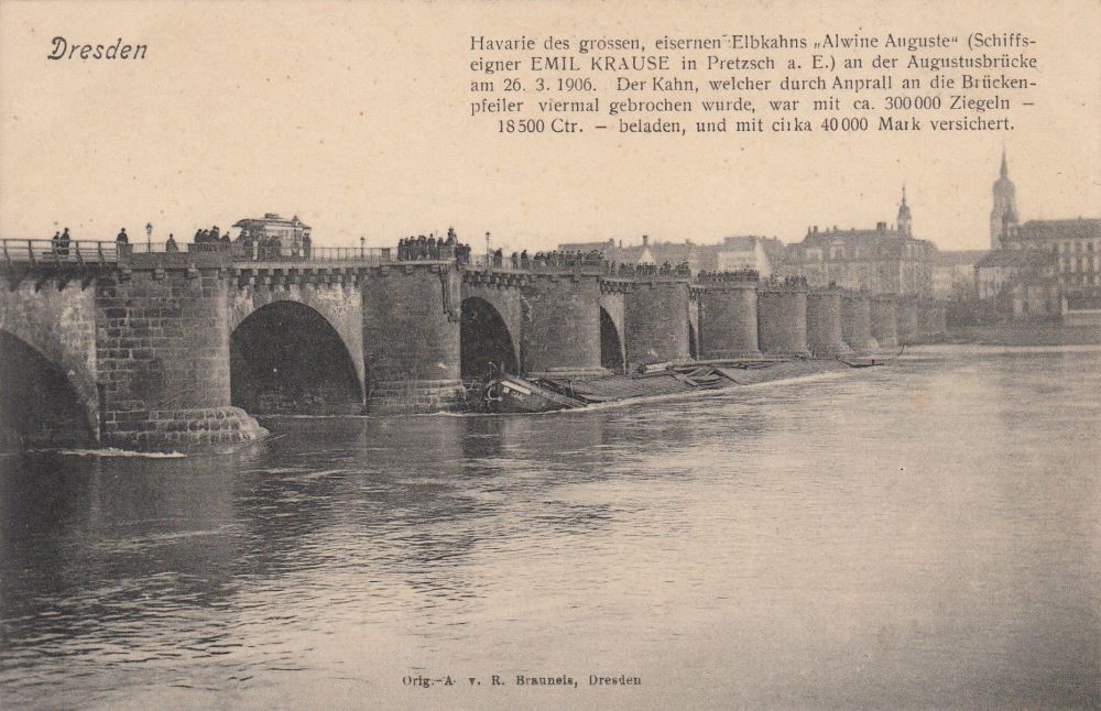 1906 Elbkahn Alwine rammt die Elbbrücke